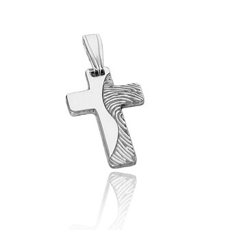 Zilveren kruis hanger met vingerafdruk modern design