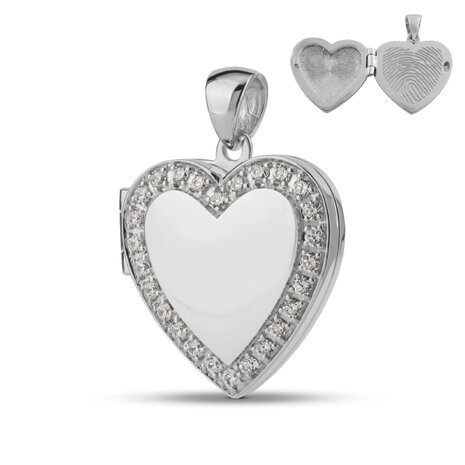 Zilveren ashanger hart met vingerafdruk en foto met zirkonia's